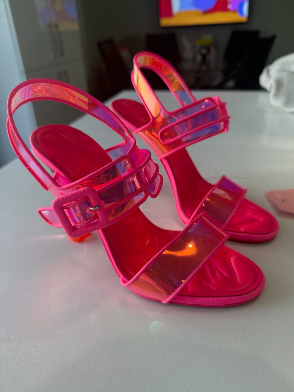 Christian Louboutin Loubi Duniss 100 Fluo Pink PVC Sandals EU 38 – New